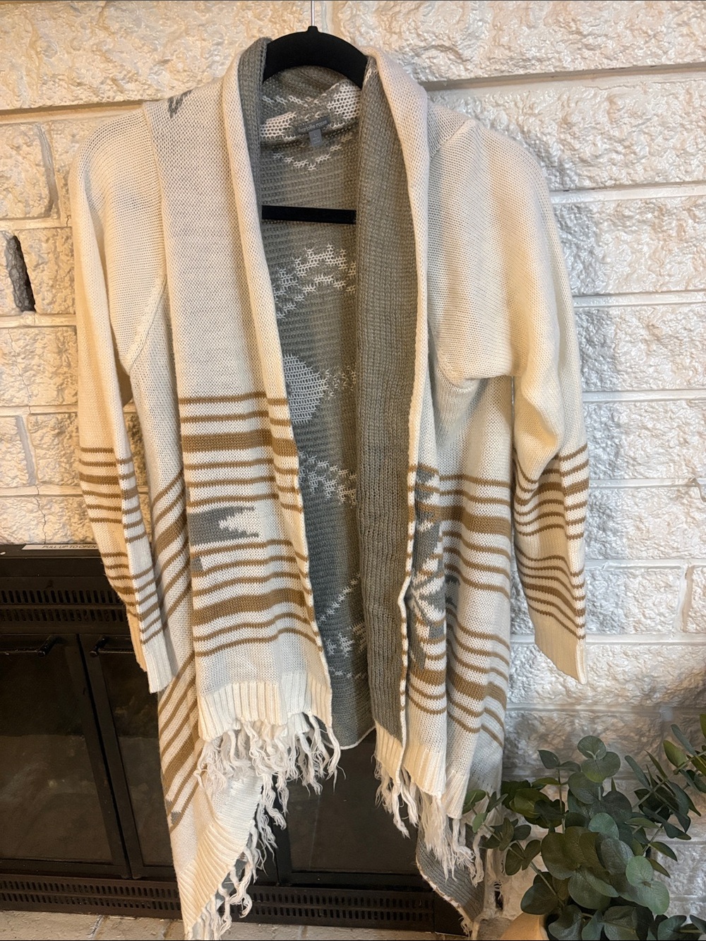 Charlotte Russe Cream and Taupe Striped Fringe Open-Front Cardigan